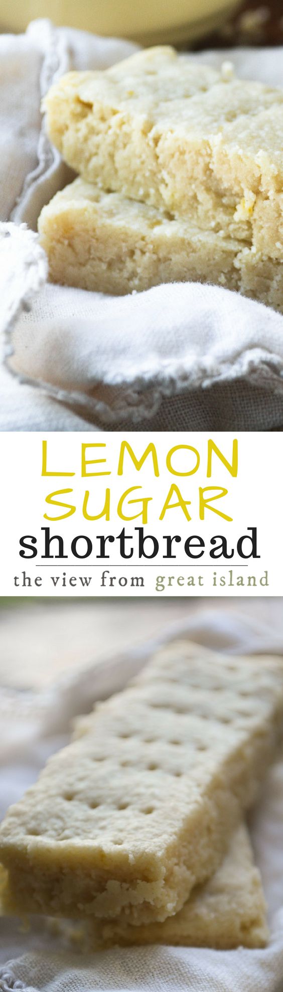 lemon sugar shortbread on a white cloth with the title in yellow text above it