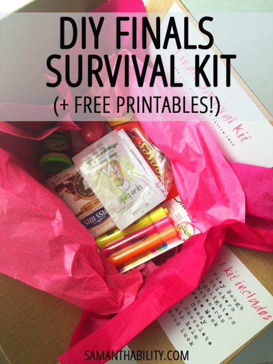 DIY Finals Survival Kit - Get through your college finals with these things. College students need to practice self-care during exam time to promote optimal brain performance! Finals Survival Kit, Finals Week Care Package, Finals Care Package, College Survival Kit, College Finals, College Survival, Survival Supplies, College Care Package, College Kids