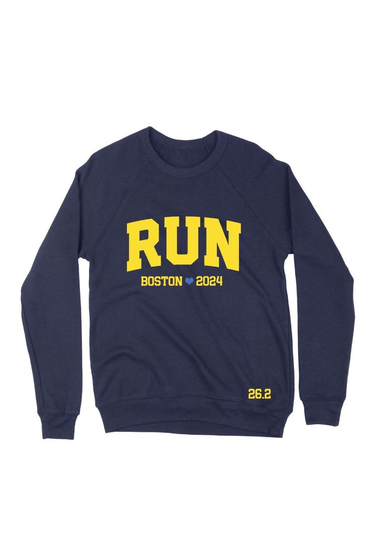 Run Boston 2024 Sweatshirt. The perfect comfy sweatshirt to celebrate running the Marathon. Limited edition "RUN Boston 2024" with "26.2" on bottom of sweatshirt. Sweatshirts are cut, dyed and printed in the US. Printed with eco-friendly water based inks. Fabrication: Triblend 50% poly, 37.5% cotton, 12.5% rayon, Crew Neck Sweatshirt For Jogging, Athleisure Crew Neck Sweatshirt For Jogging, Crew Sweatshirt With Screen Print For Sports Season, Relaxed Fit Sweatshirt With Screen Print For Sports Season, Relaxed Fit Screen Print Sweatshirt For Sports Season, Relaxed Fit Sports Season Sweatshirt With Screen Print, Long Sleeve Sweats With Letter Print For Jogging, Long Sleeve Letter Print Sweats For Jogging, Sporty Crew Neck Sweats For Jogging