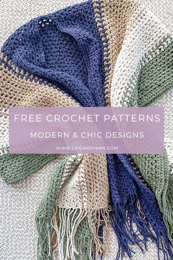 a crocheted shawl with text overlay that reads free crochet patterns modern and chic designs