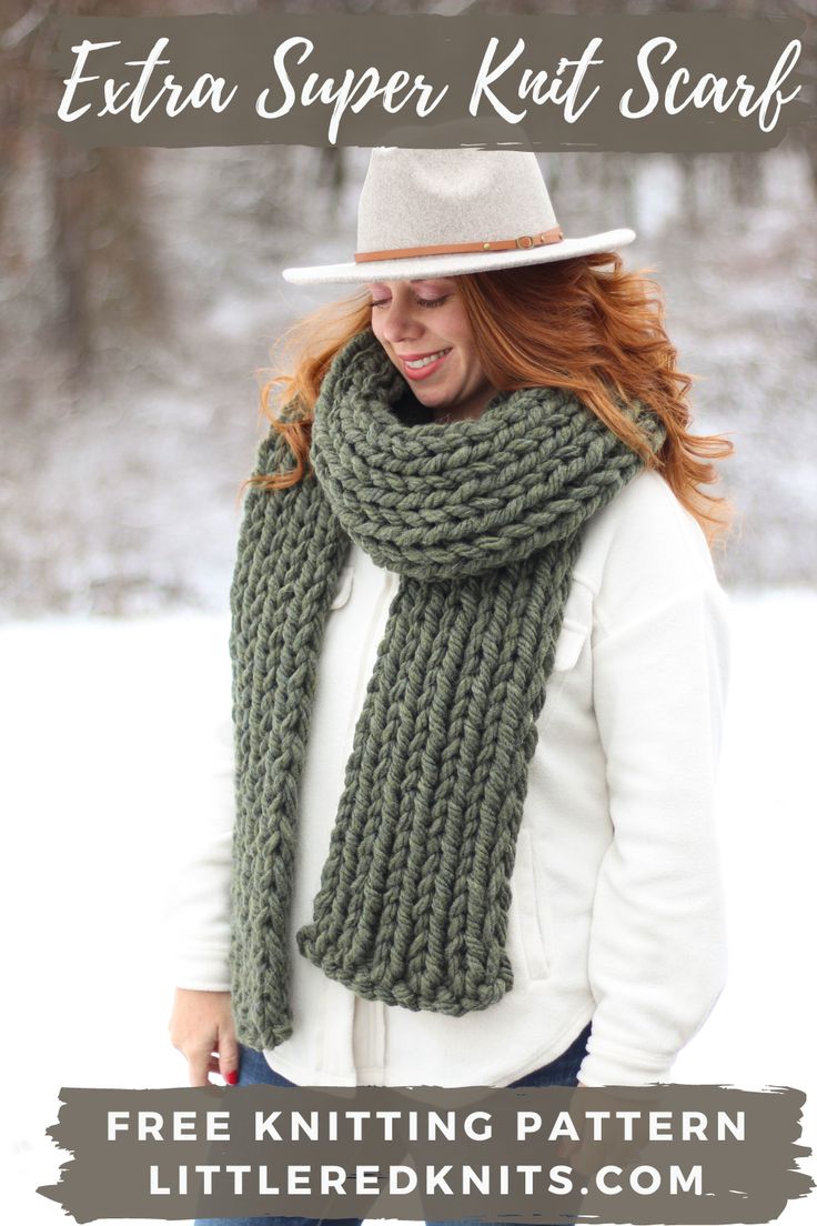 a woman wearing a hat and scarf with text overlay that reads extra super knit scarf free knitting pattern