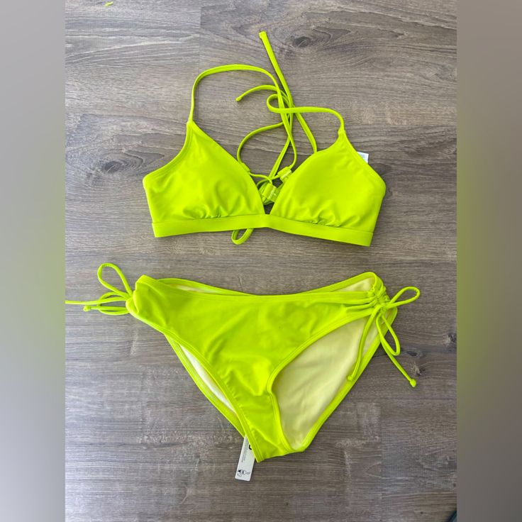 Cute Neon Green/Yellow Bikini. Tie Sides, Cross Back Top. Bnwt-Tried On Only. Size L. Neon Yellow Stretch Swimwear For Spring, Yellow Strappy Swimwear For Vacation, Neon Yellow Swimwear For Spring Beach Outing, Neon Yellow Swimwear For Spring Beach, Yellow Strappy Swimwear For Summer, Neon Yellow Stretch Swimwear For Summer, Stretch Neon Yellow Swimwear For The Beach, Neon Yellow Beachwear Swimwear For Vacation, Trendy Neon Yellow Swimwear For Spring