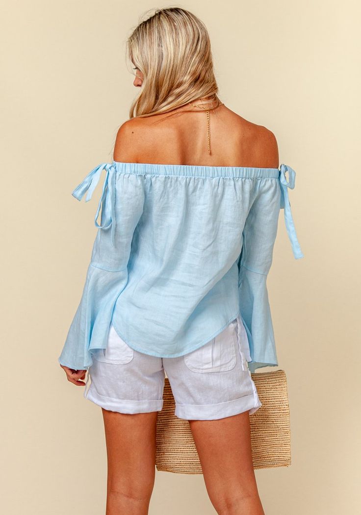 100% Linen Off The Shoulder Top With Bell Sleeves S to XXXL - Claudio Milano Blue Long Sleeve Off-shoulder Top For Spring, Light Blue Off-shoulder Summer Top, Light Blue Off-shoulder Top For Summer, Blue Linen Blouse For Vacation, Elegant Light Blue Top For Beach, Summer Cold Shoulder Off-shoulder Top, Long Sleeve Off-shoulder Top For Beach In Summer, Long Sleeve Off-shoulder Top For Summer Beach, Blue Long Sleeve Off-shoulder Top For Summer