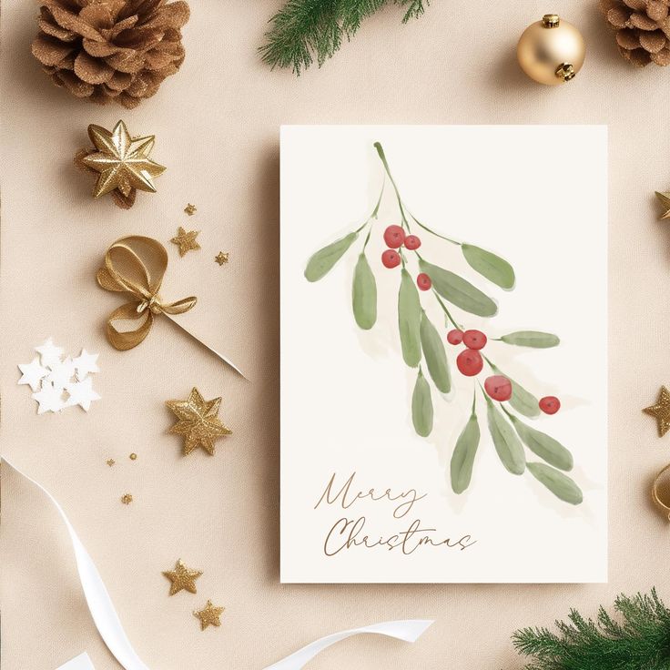 a christmas card with holly and berries on it next to pine cones, gold ornaments and ribbons