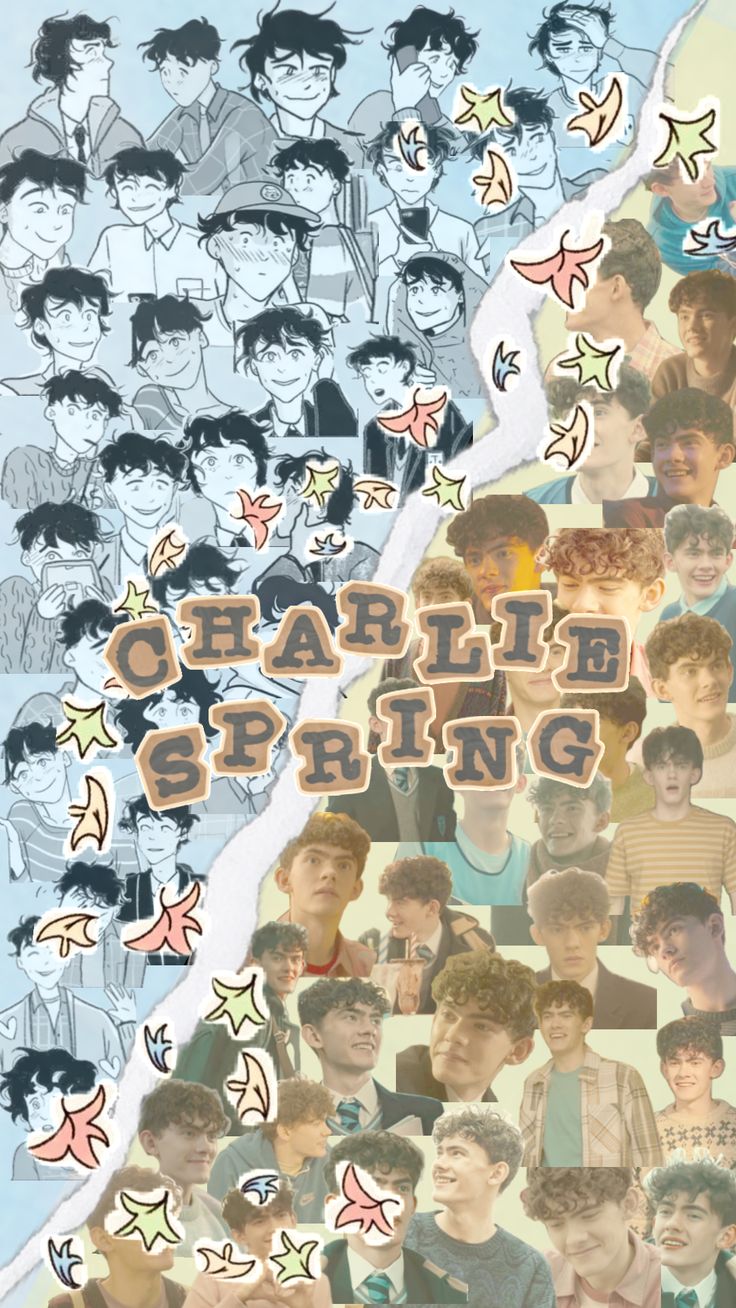 a collage of photos with the words charlie spring written in different languages and images of young men