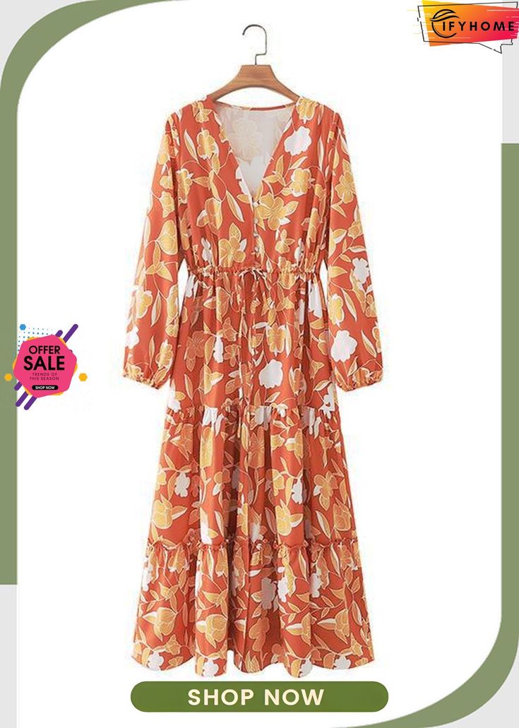 Print Button Tiered Long Sleeve Maxi Dress Casual Maxi Dress With Buttons For Fall, Casual Maxi Dress With Button Closure For Fall, Casual Fall Maxi Dress With Buttons, Fall V-neck Maxi Dress With Button Closure, Spring Long Sleeve Maxi Dress With Buttons, Long Sleeve Maxi Dress With Buttons For Spring, Fall Maxi Dress With Buttons And V-neck, Spring Buttons Maxi Dress For Brunch, Spring Brunch Maxi Dress With Buttons