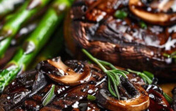 mushrooms and asparagus on a plate with sauce