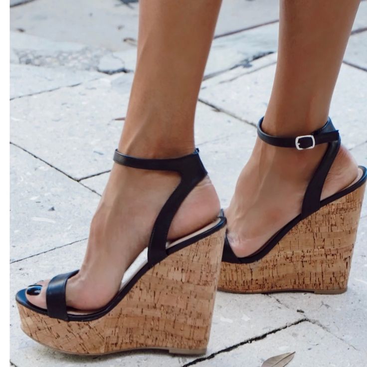 Brand New, Never Worn! Super Cute For Summer Or Spring! Comfy And Easy To Walk In. Cork Wedge Heels, Black Closed Toe Wedge Sandals With Cork-bed Midsoles, Black Wedge Heels, Red Wedges, Soft Dramatic, Soft Gamine, Cork Material, Women Platform Sandals, Comfortable Wedges