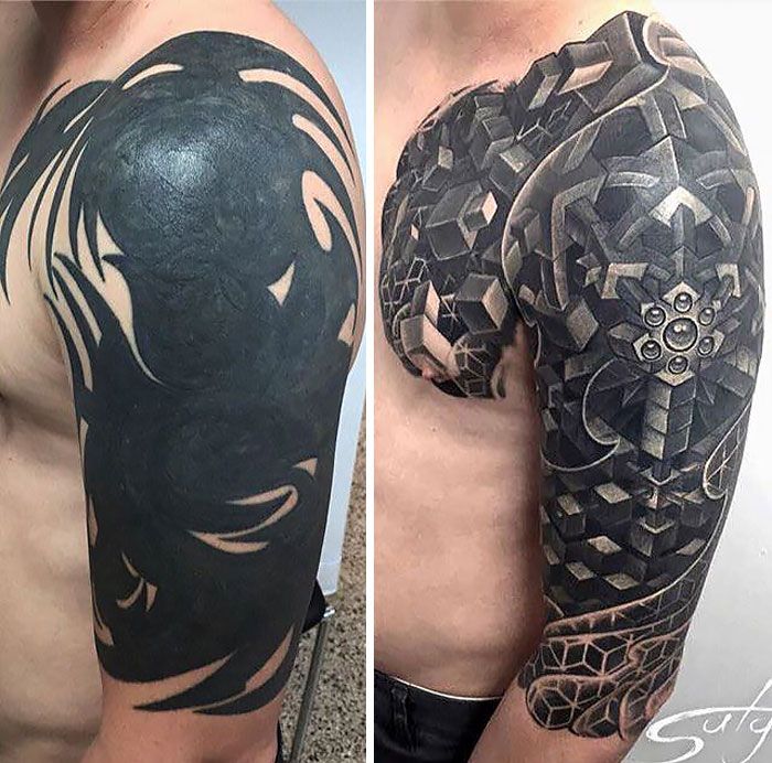 two different pictures of the same man's arm and shoulder with tattoos on them