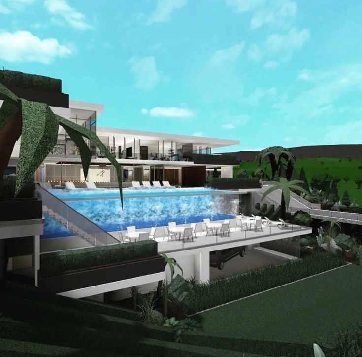 an artist's rendering of a house with a swimming pool and palm trees in the foreground