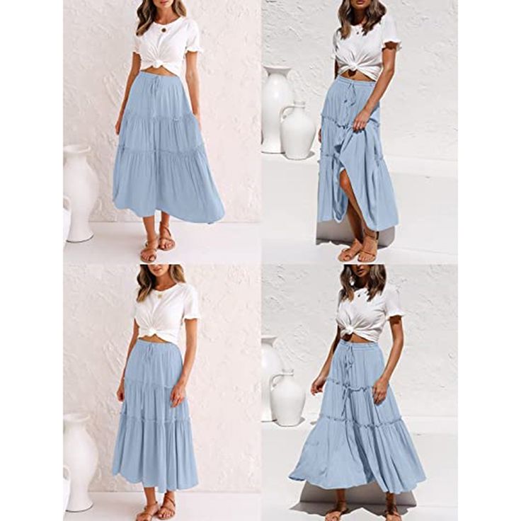 Light Blue Drawstring High Waist A-line Skirt Light Blue Lined Skirt For The Beach, Light Blue Lined Skirt For Vacation, Casual Light Blue Ruffled Skirt, Blue Pleated Skirt For Vacation, Light Blue Casual Ruffled Skirt, Casual Light Blue Lined Maxi Skirt, Blue Solid Color Midi Skirt, Casual Light Blue Long Maxi Skirt, Blue Midi Skirt For Vacation