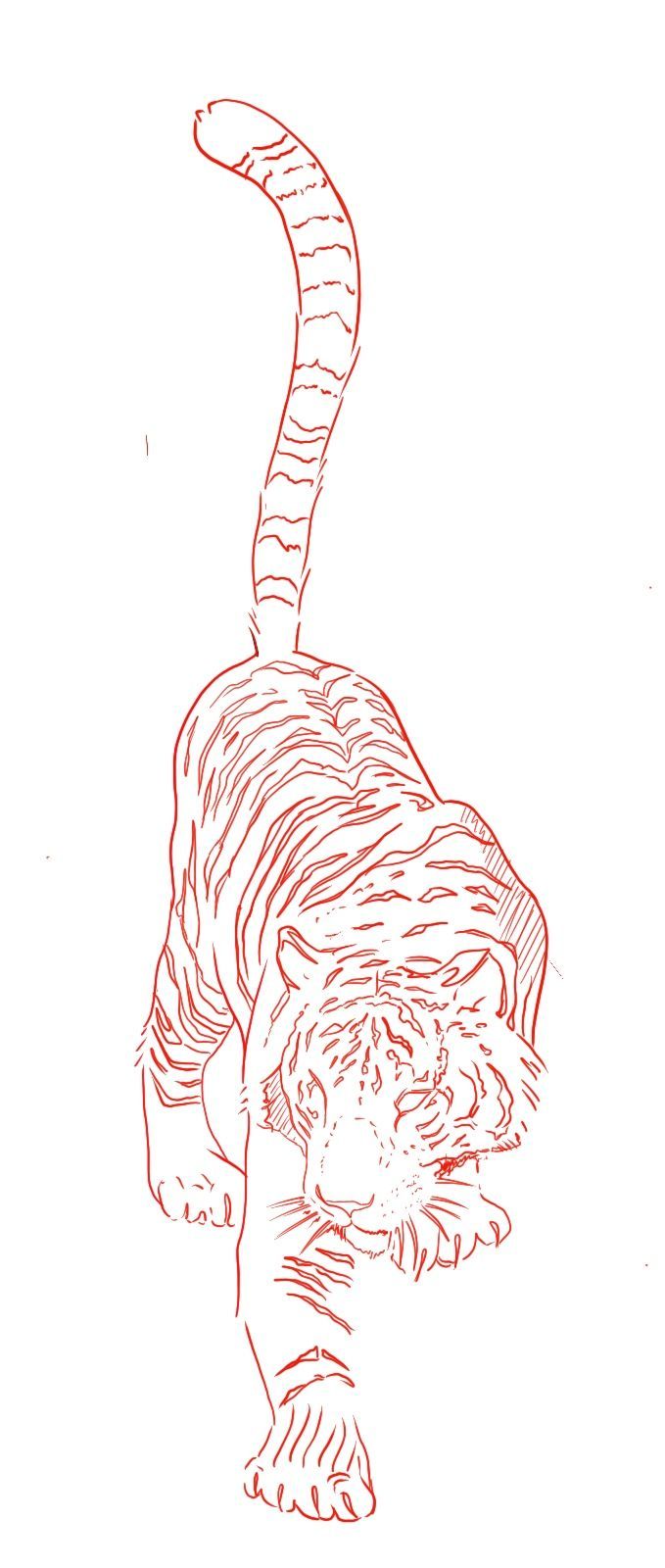 a drawing of a tiger walking on its hind legs, with the tail extended and it's eyes closed