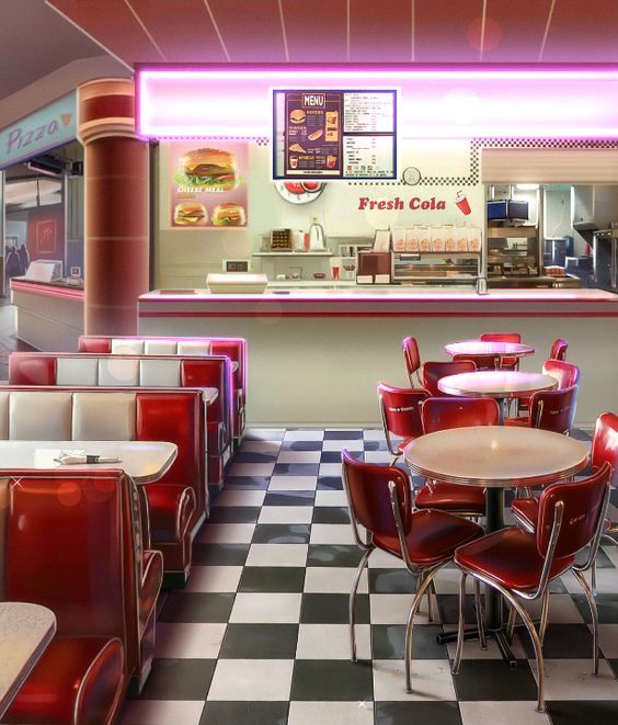 the interior of a fast food restaurant with red and white checkered flooring on the walls