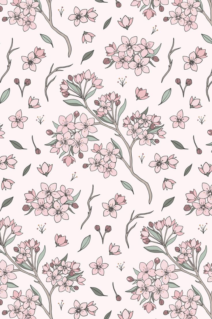 pink flowers and green leaves on a white background seamless wallpaper with small branches