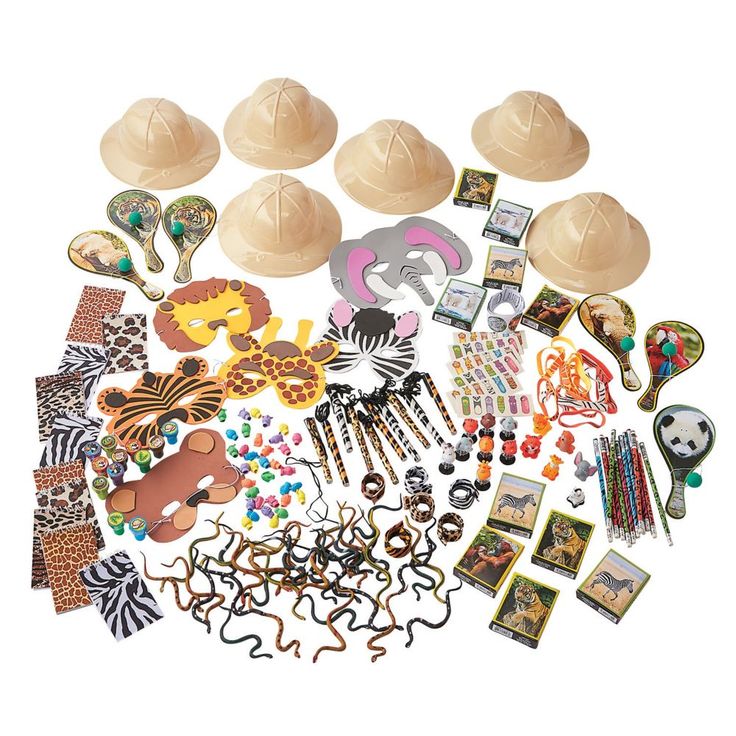 a bunch of assorted items including hard hats, beads and bracelets on a white background