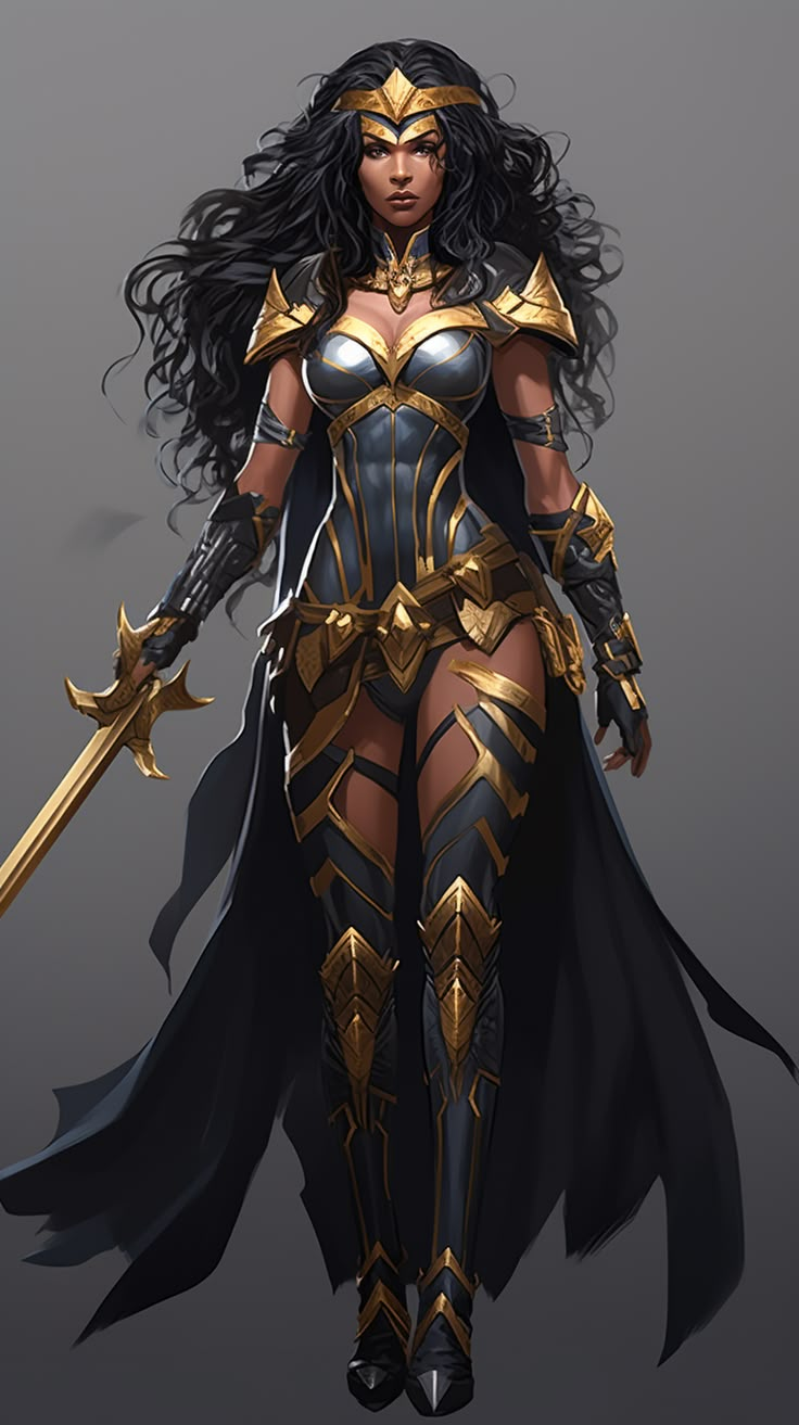 Goddess Suit Design, Wonder Woman Armor Design, Gold Superhero Suit Female, Black Wonder Woman Art, Black Warrior Woman, Female Warrior Character Design, Black Female Warrior, Warrior Outfits Female, Comic Outfits