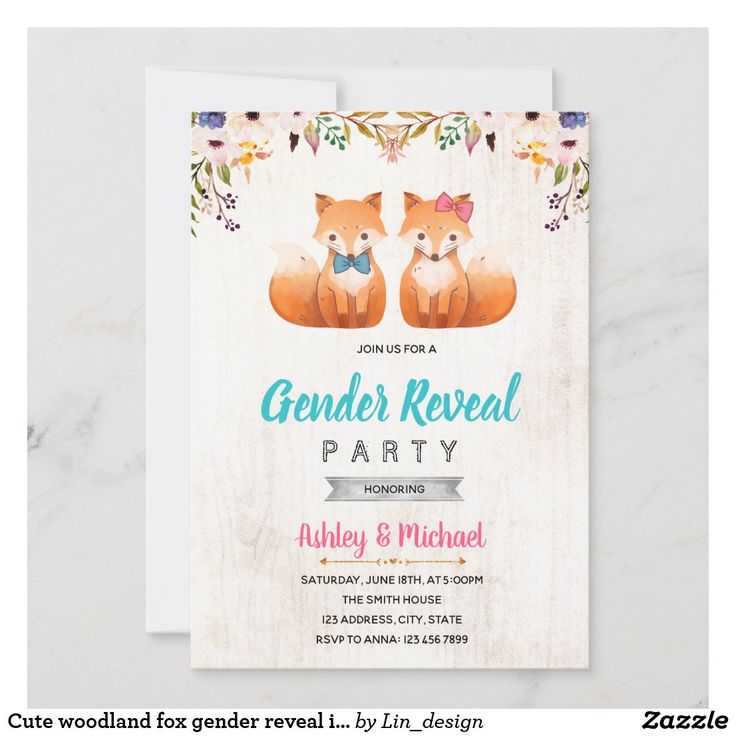 the gender reveal party card features two foxes