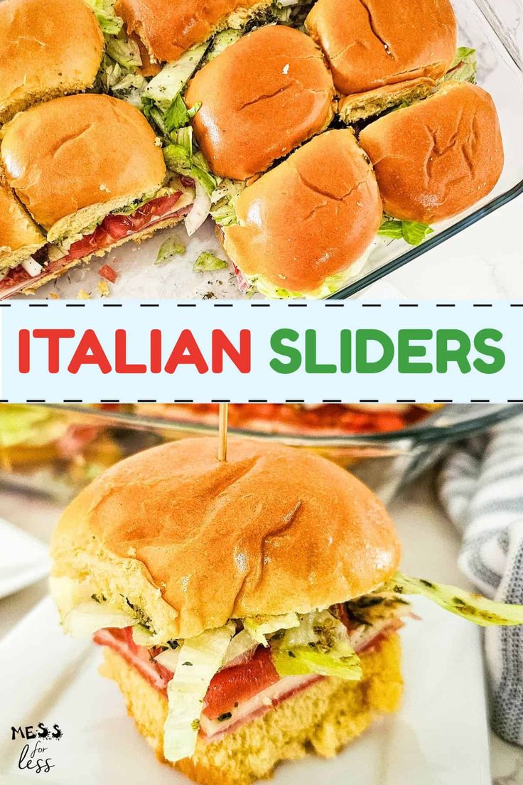 two plates with sandwiches cut in half and the words italian sliders above them are shown