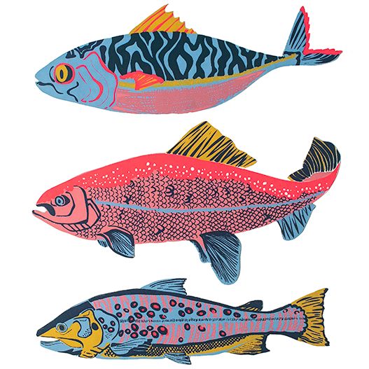 three different colored fish are shown in this drawing, one is orange and the other is blue