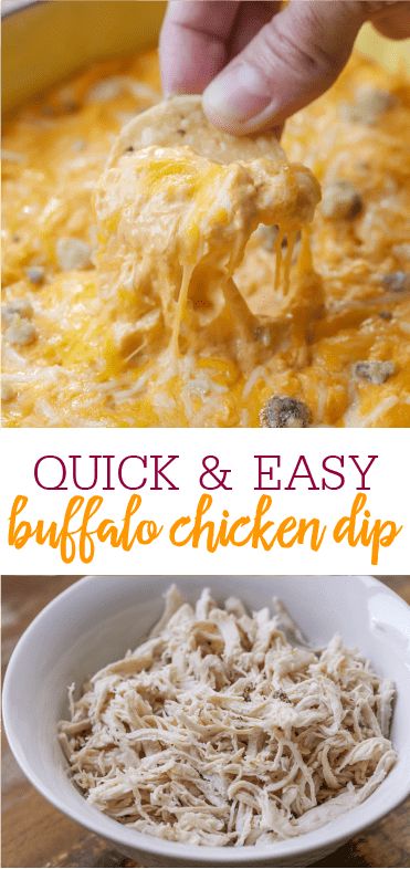 an easy buffalo chicken dip recipe is shown in this collage with text overlay