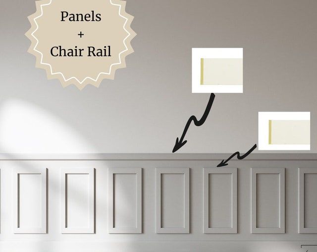 the walls are painted white and there is an arrow pointing up to the wall that says panels and chair rail