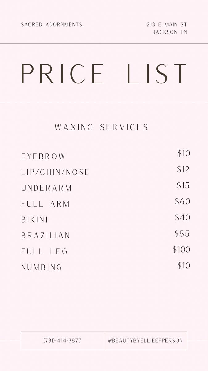 Waxing Prices List, Waxing Price List Ideas, Facials Price List, Waxing Menu Ideas, Esthetician Price List Ideas, Wax Price List, Esthetician Pricing, Facial Price List Ideas, Facial Service Menu Ideas