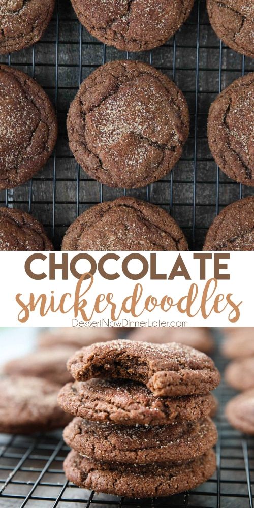 chocolate snickkerdoodle cookies stacked on top of each other with text overlay