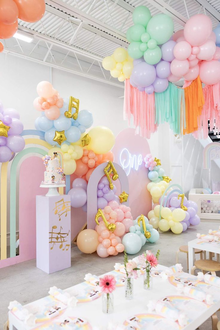 a room filled with lots of balloons and decorations