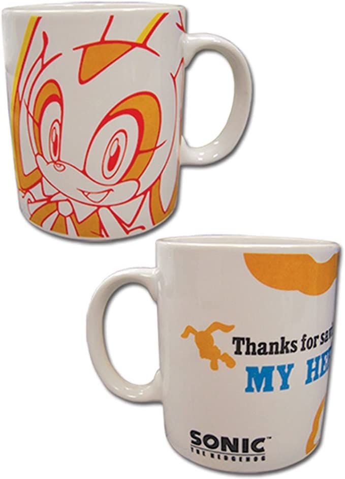 two coffee mugs with sonic the cat designs on them, one for my hero