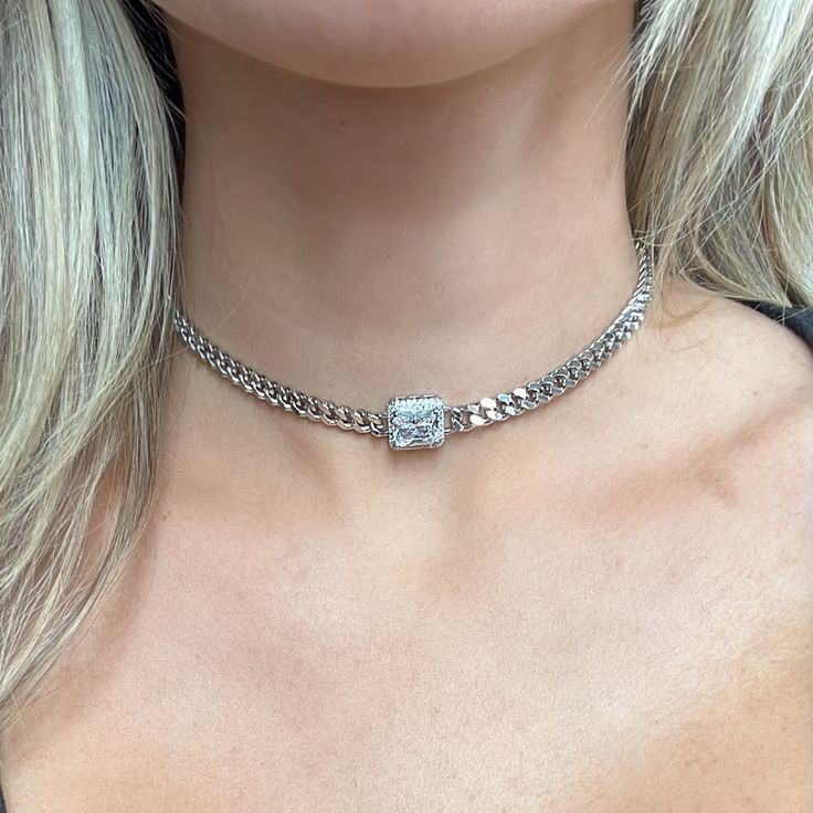 Boujie Cuban Chain Choker Necklace with 14k white gold filled chain. Silver Link Jewelry With Cubic Zirconia, Silver Cubic Zirconia Chain Link Jewelry, Cubic Zirconia Curb Chain Necklace, White Gold Jewelry With Curb Chain In Stainless Steel, Silver Chain Necklace With Square Pendant, Silver Necklace With Square Pendant, Metal Clavicle Chain Jewelry With Square Pendant, Silver Chain Link Jewelry In Cubic Zirconia, Silver Curb Chain Jewelry With Cubic Zirconia