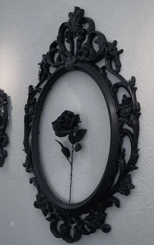 a black framed mirror with a single rose in the middle and another one behind it