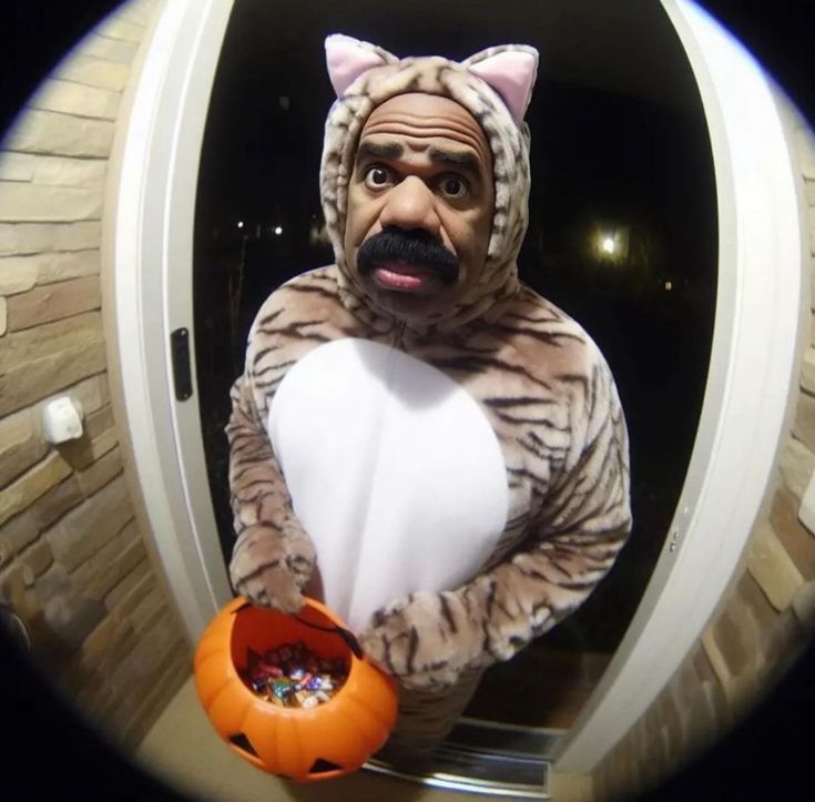 a man in a tiger costume holding an orange pumpkin and looking at the camera through a fisheye lens