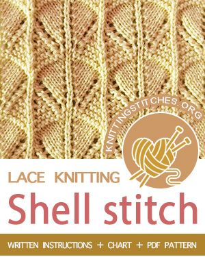 the knitting pattern for lace knitting shell stitch is shown in beige and white yarn, with text