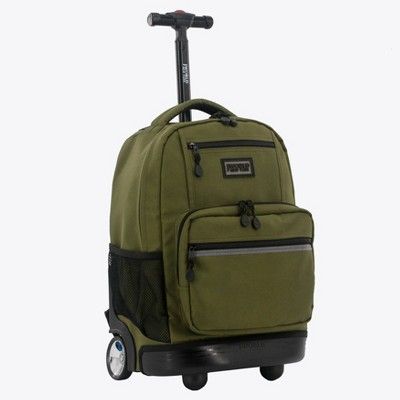 a green rolling backpack with wheels on it's side and black trim around the bottom