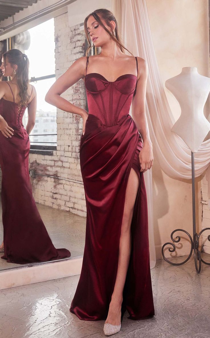 LaDivine 7498 Burgundy Satin Fitted Dress, Corset Draping, Robes Glamour, Corset Gown, Cinderella Divine, Drape Gowns, Corset Dress Prom, Sleeveless Gown, Vestidos Vintage