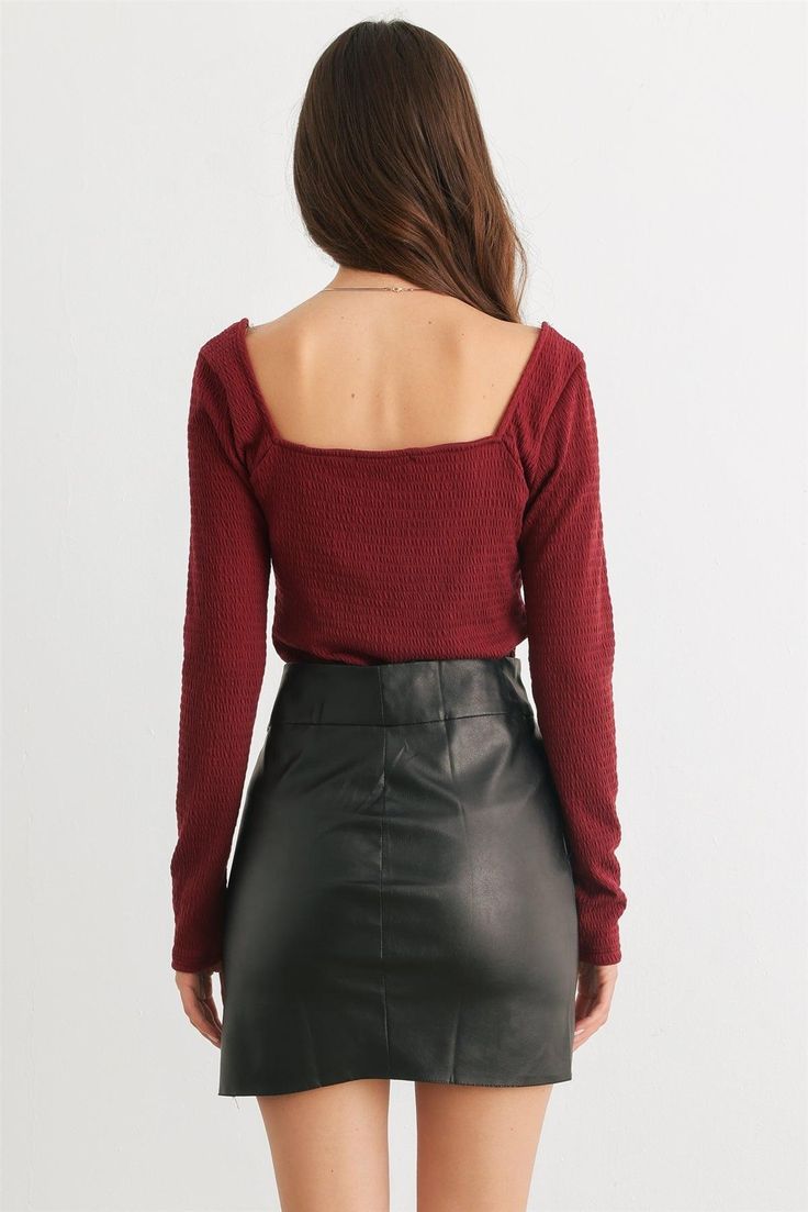 🖤 Item Features: Burgundy, smocked, square neckline, long sleeves, semi-stretchy, not see through, unlined, casual, cute, girlish, cool Square Neck Long Sleeve Top, Square Neck Long Sleeve, Square Neck Top, Square Necklines, Square Neckline, Square Neck, Long Sleeve Top, Smocking, Long Sleeve Tops