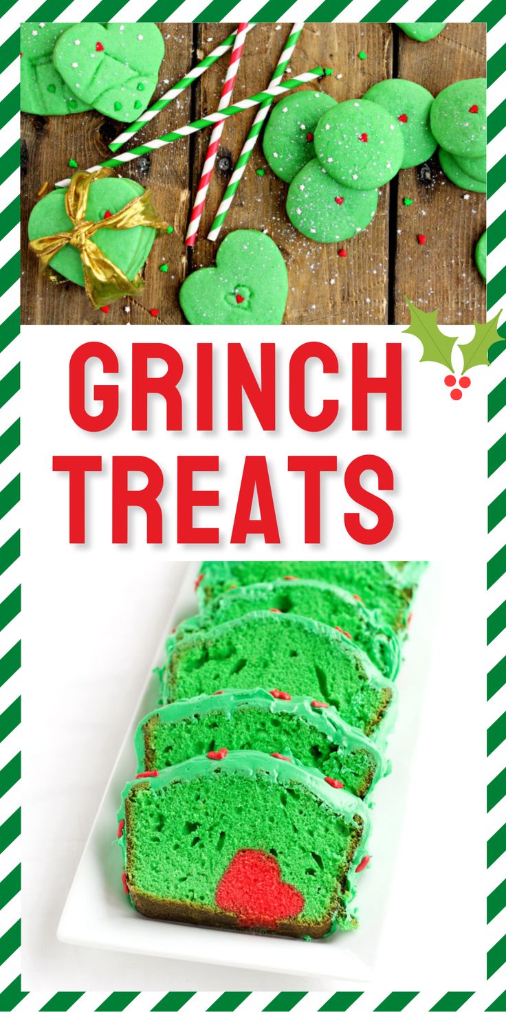 green cake with frosting and sprinkles on it, surrounded by candy canes