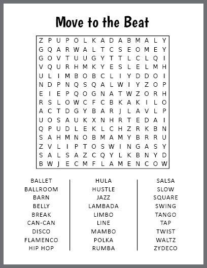 the move to the beat word search page with words and numbers for each word in it