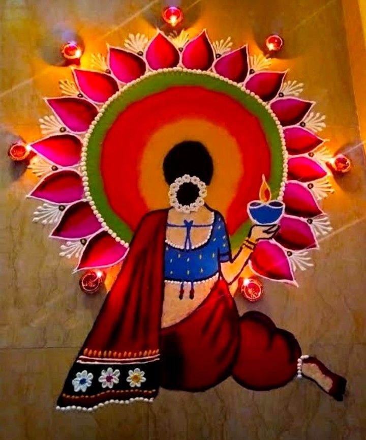 a painting on the side of a building with lights around it and a woman holding a cup in her hand