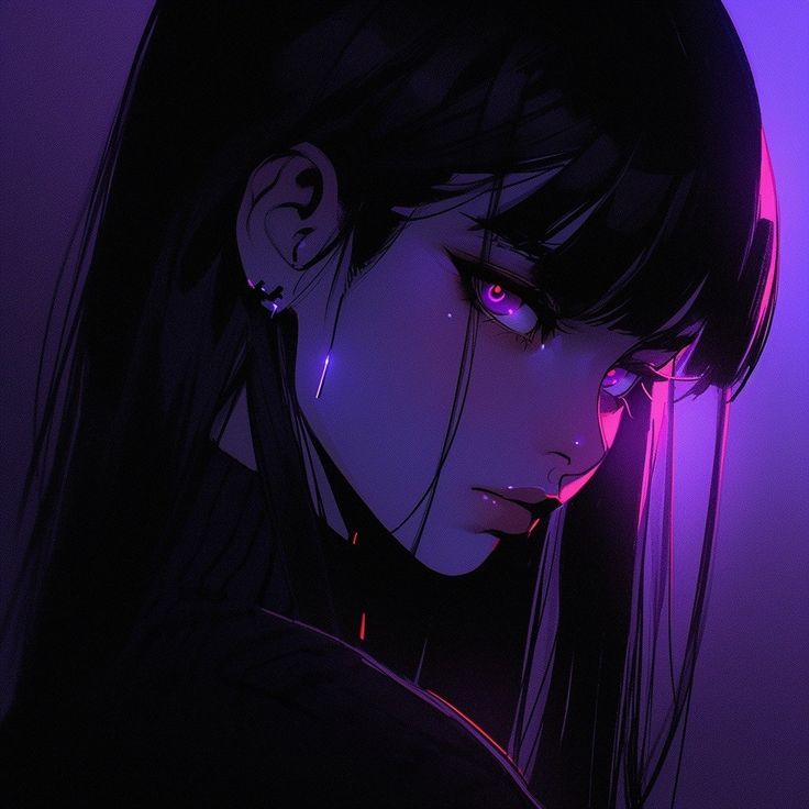 a woman with dark hair and blue eyes stares into the distance while standing in front of purple light