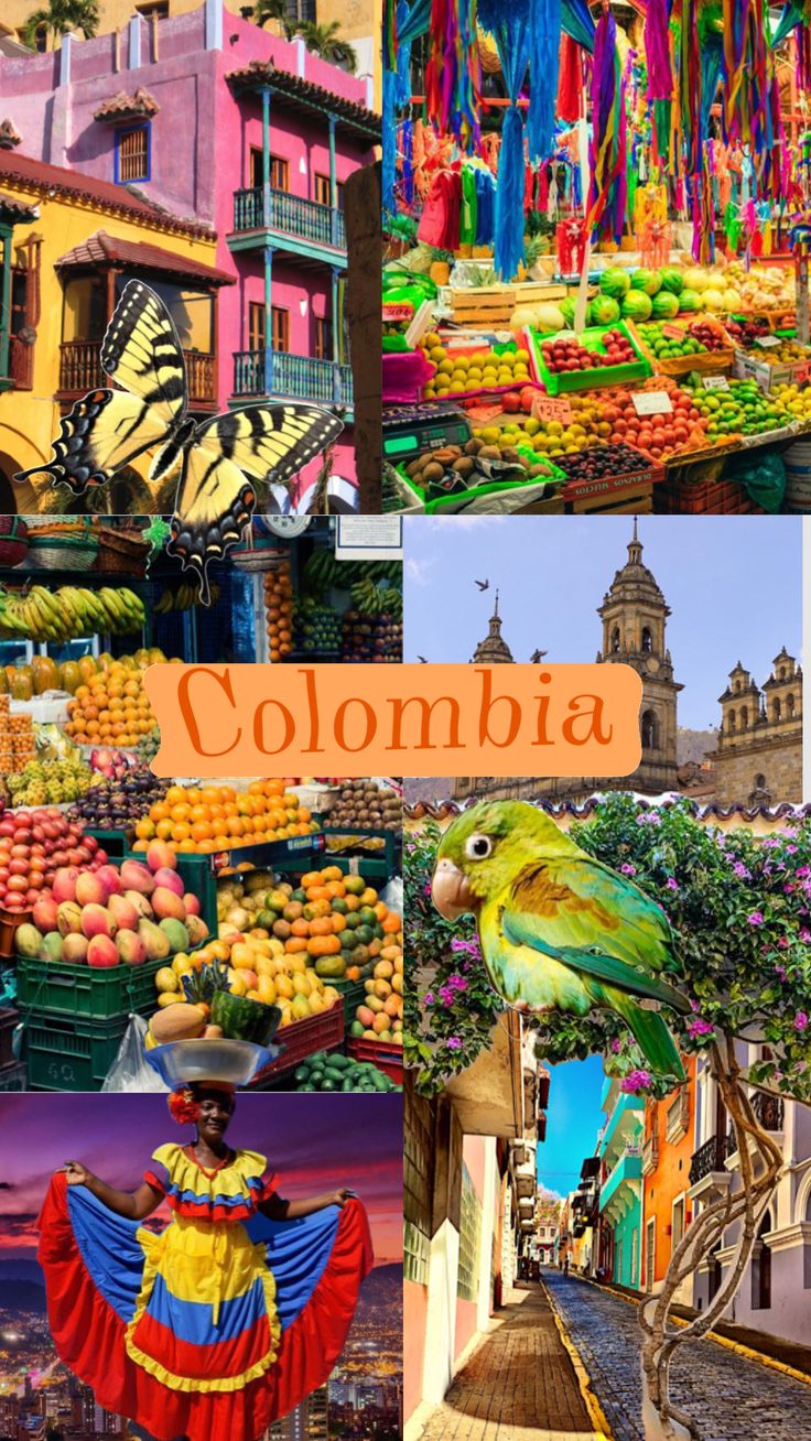 collage of colorful images with the words colombia