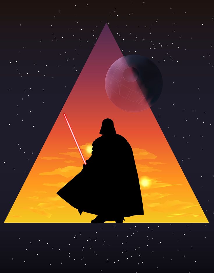 a star wars poster with the silhouette of darth vader and planets in the background