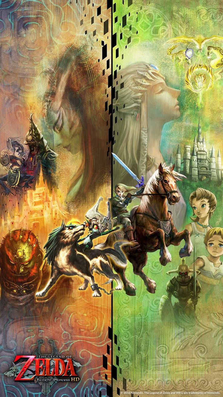 the legend of zelda poster is shown in two separate panels, one with a horse and