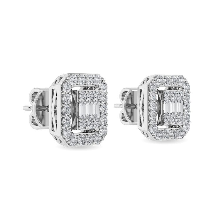 Crafted in 2.4 grams of 14K Gold, the earrings contains 48 stone of Round Natural Diamond with a total of 0.37 carat in G-H color and I1-I2 clarity combined with 6 stone of Baguette Natural Diamond with a total of 0.12 carat in G-H color and I1-I2 clarity. Formal Fine Jewelry Cluster Earrings With Baguette Diamonds, White Gold Diamond Accent Baguette Earrings, White Gold Baguette Cut Diamond Earrings With Accents, Diamond White Baguette Diamond Earrings Fine Jewelry, Diamond White Baguette Diamond Earrings For Fine Jewelry, Classic Cluster Earrings With Baguette Diamonds, Emerald Cut Baguette Diamond Anniversary Earrings, Emerald Cut Baguette Diamond Earrings For Anniversary, Anniversary White Gold Baguette Diamond Earrings