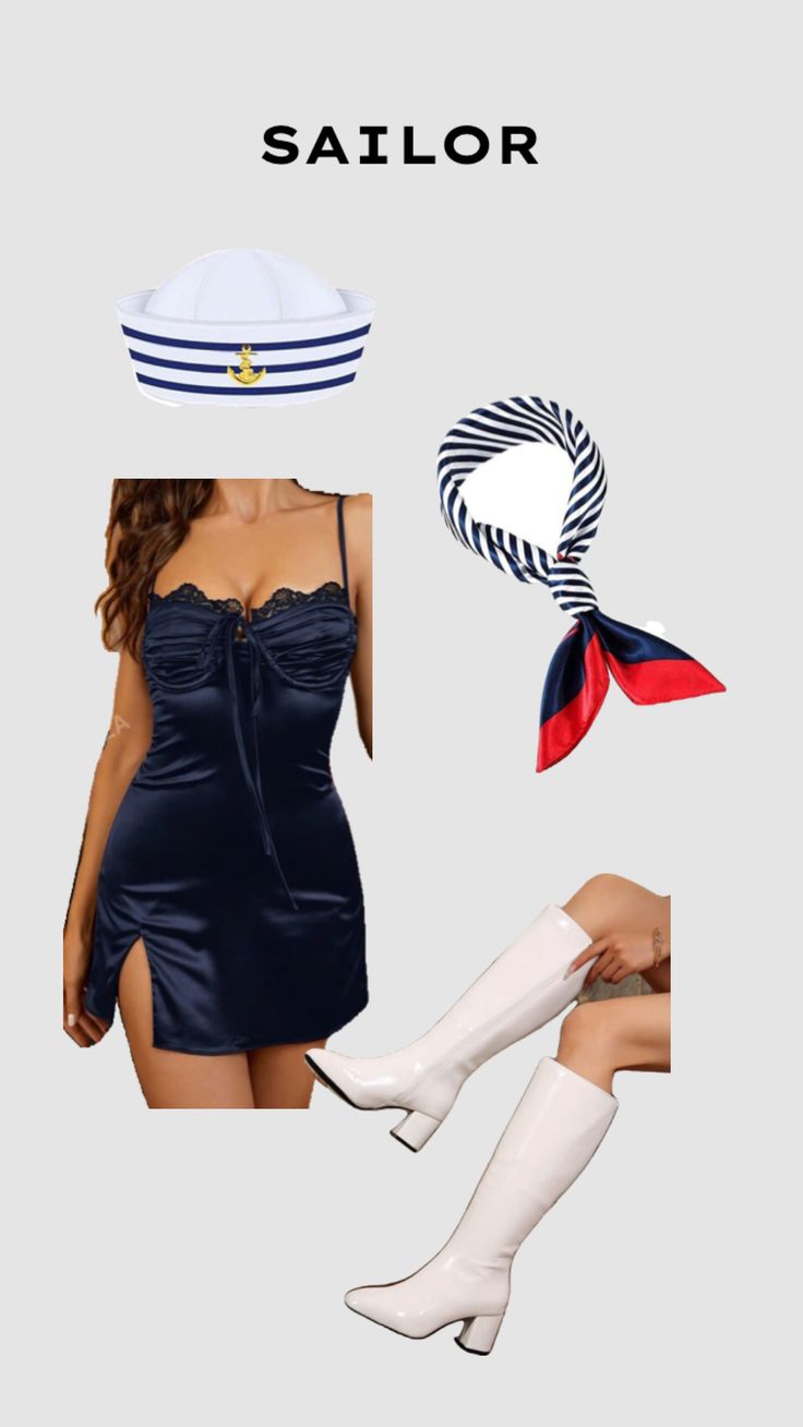 a woman in a sailor outfit and hat is wearing thigh high socks, knee high boots