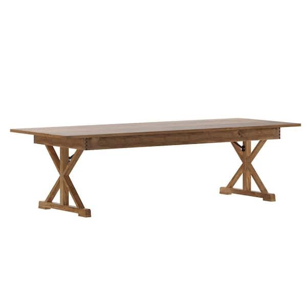 a wooden table with two crossed legs and a rectangular top, against a white background