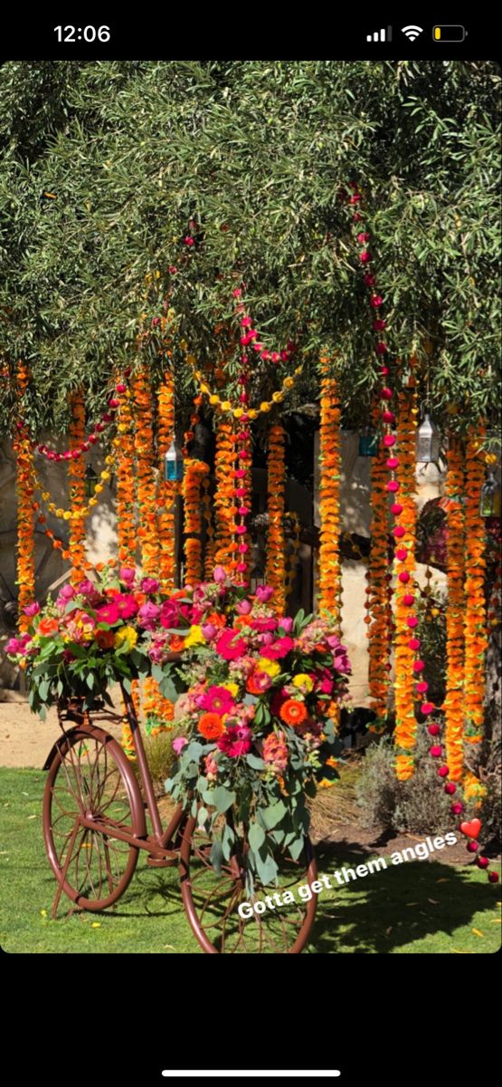 a bike with flowers on the back parked in front of a tree filled with orange and pink flowers