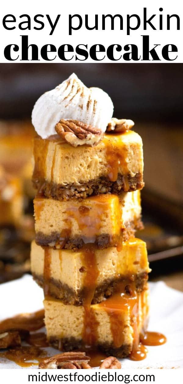 three cheesecake bars stacked on top of each other with caramel drizzle