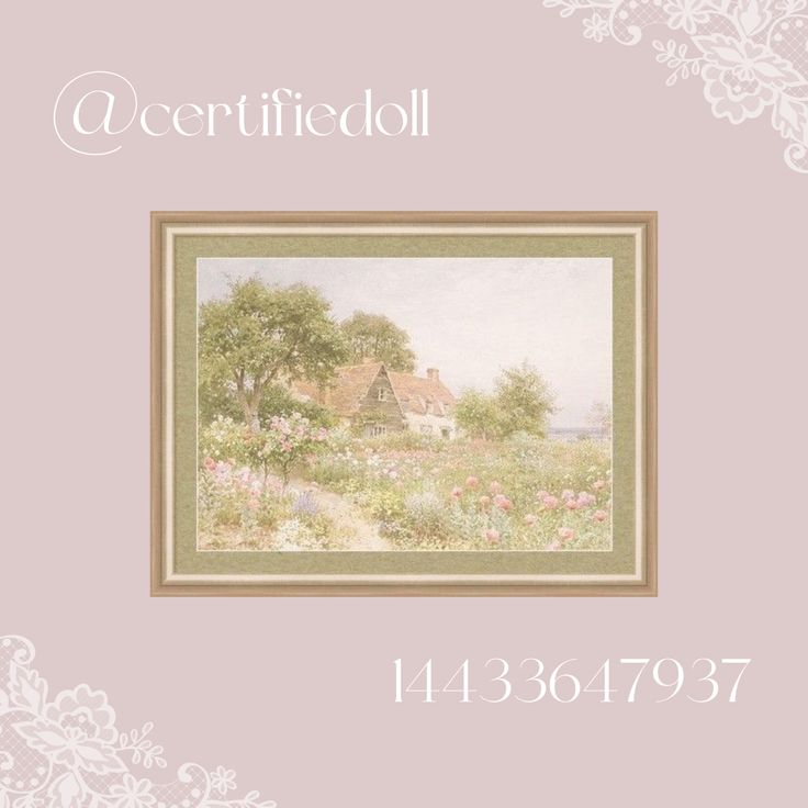 a painting with flowers and a house in the background on a pink wallpapered frame