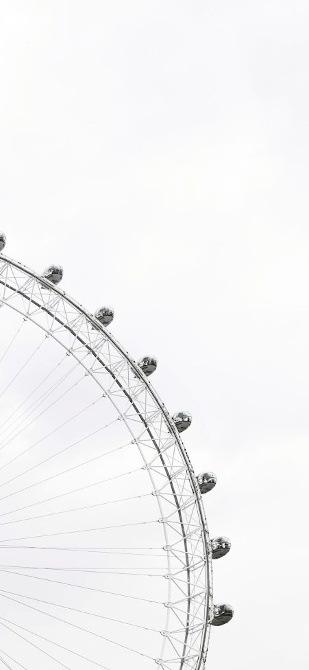 a large ferris wheel sitting in the middle of a cloudy sky with birds perched on it's top